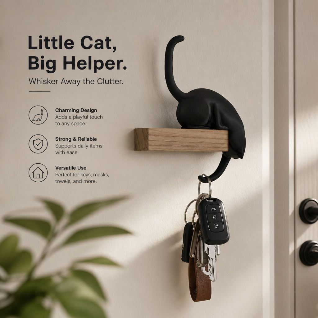 🐈‍⬛🗝️ Porte-clés créatif en forme de queue de chat noir – Crochet décoratif pour la maison 🏠