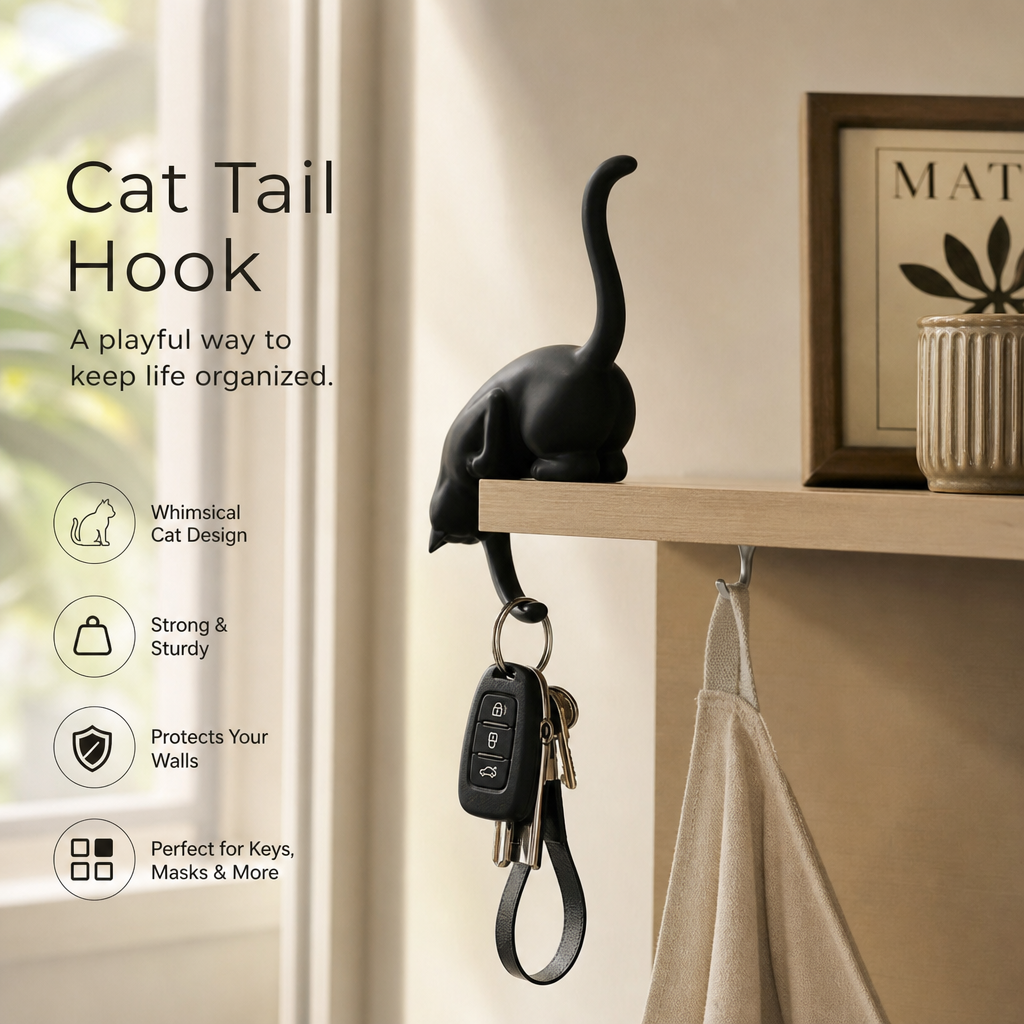 🐈‍⬛🗝️ Porte-clés créatif en forme de queue de chat noir – Crochet décoratif pour la maison 🏠