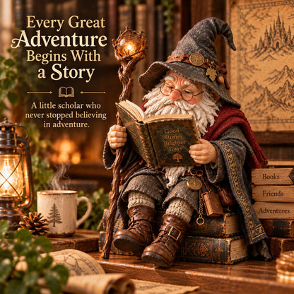 🧙‍♂️ Le lutin érudit itinérant – Une statuette envoûtante représentant un sorcier des livres