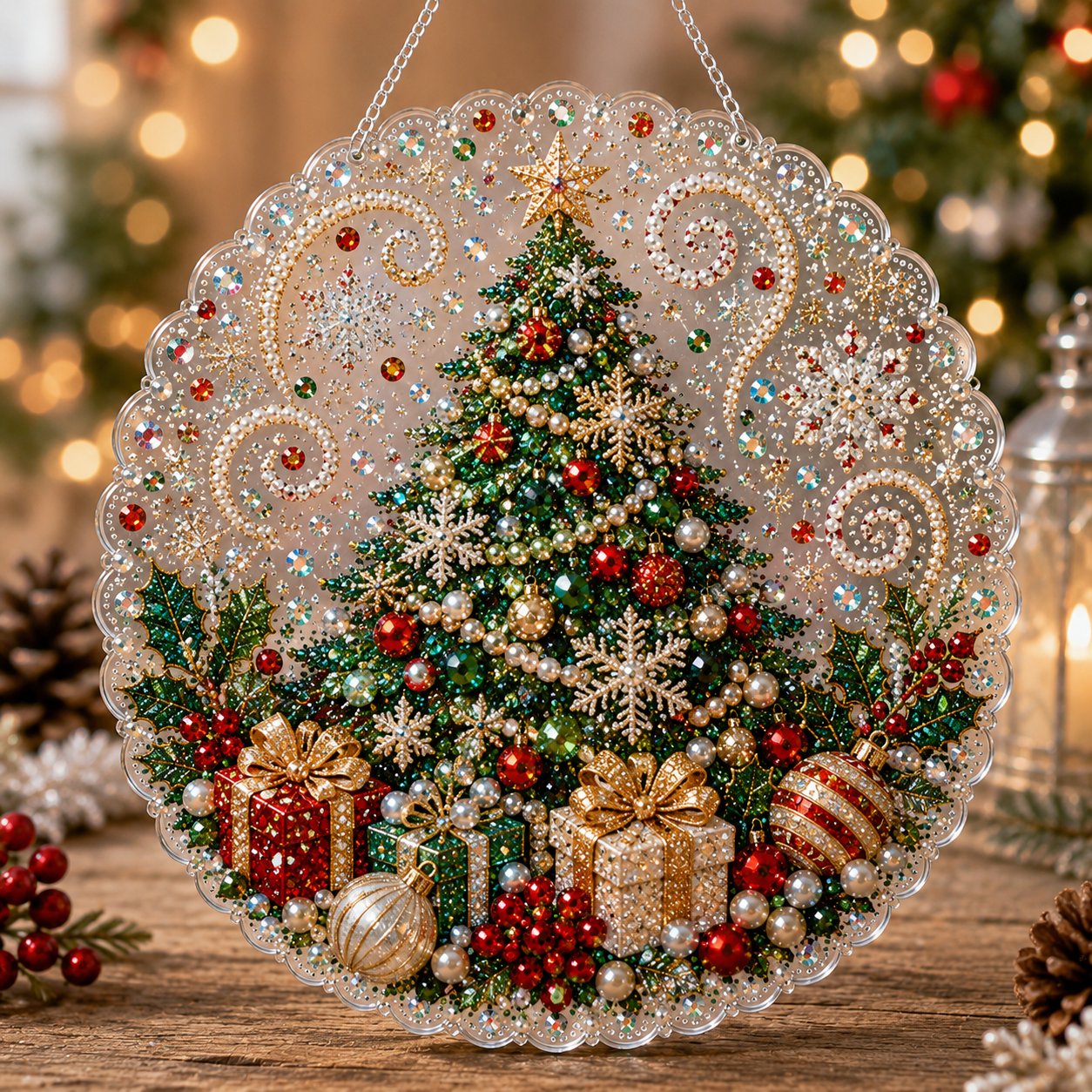 🎄 Kit de plaque décorative suspendue en acrylique « Diamond Art » sur le thème de Noël avec perles nacrées | Panneau résistant aux rayures et à la décoloration avec perles nacrées | Décoration de Noël à réaliser soi-même 🎅💎