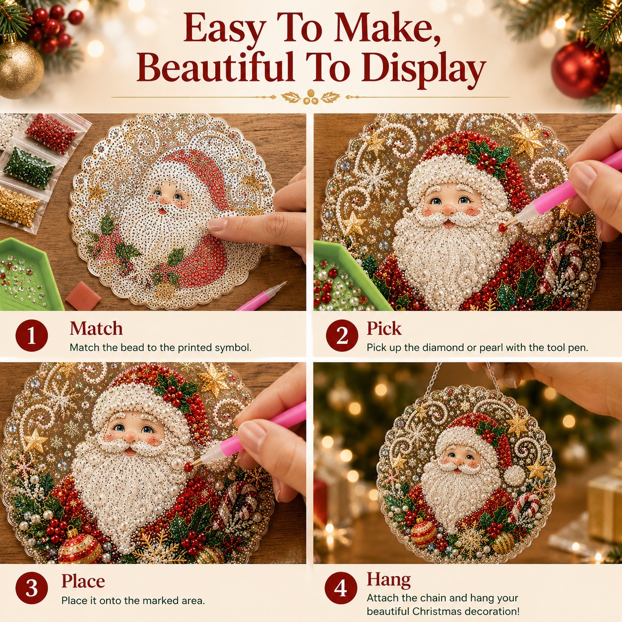 🎄 Kit de plaque décorative suspendue en acrylique « Diamond Art » sur le thème de Noël avec perles nacrées | Panneau résistant aux rayures et à la décoloration avec perles nacrées | Décoration de Noël à réaliser soi-même 🎅💎