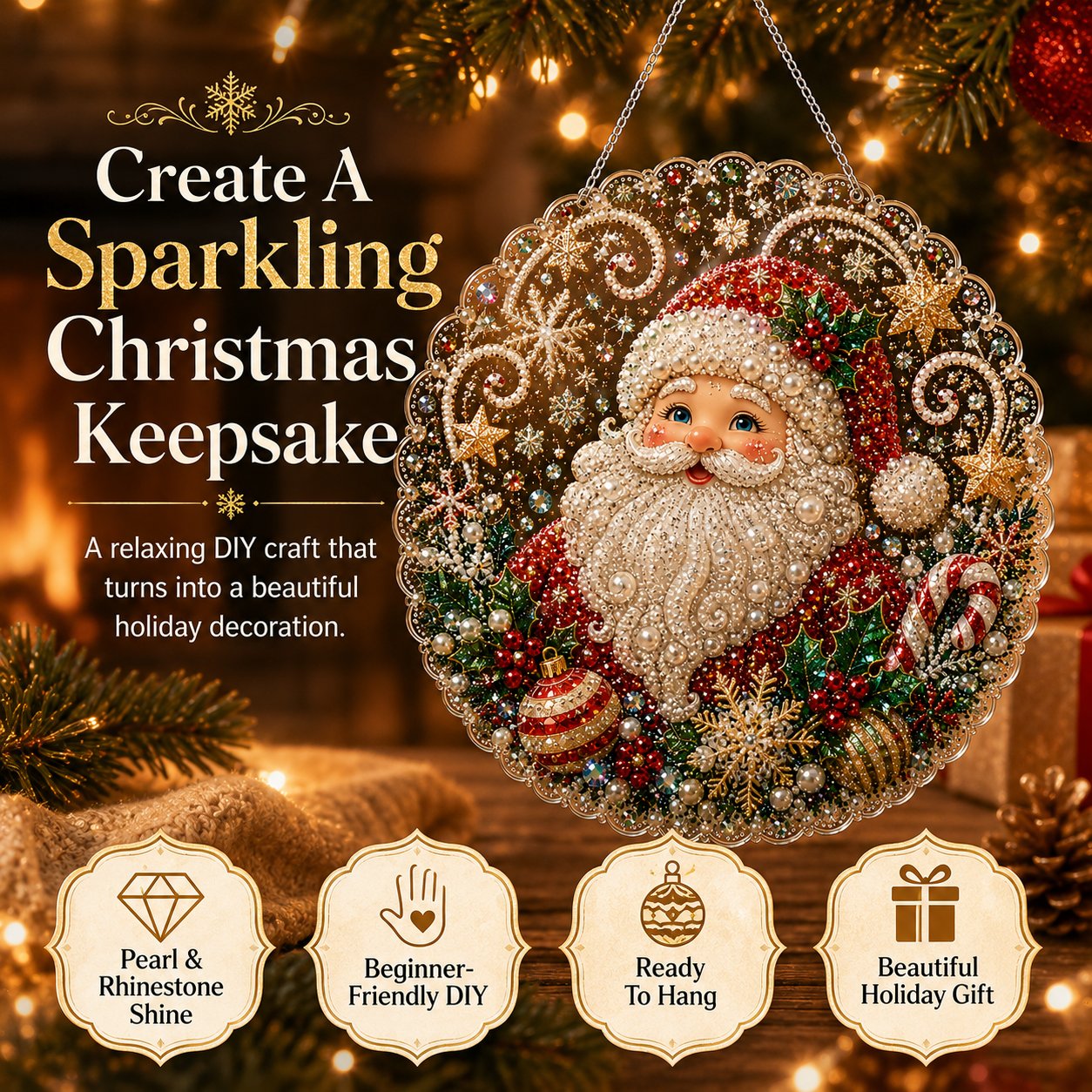 🎄 Kit de plaque décorative suspendue en acrylique « Diamond Art » sur le thème de Noël avec perles nacrées | Panneau résistant aux rayures et à la décoloration avec perles nacrées | Décoration de Noël à réaliser soi-même 🎅💎