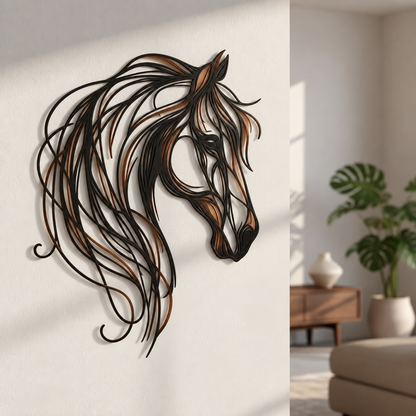 🐴✨ Décoration murale « Tête de cheval » en métal – Une œuvre d'art élégante aux accents chaleureux de bronze et de cuivre