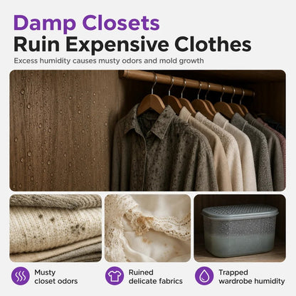 💧👕 Mini-déshumidificateur réutilisable – Pour des armoires et des tiroirs plus frais et plus secs
