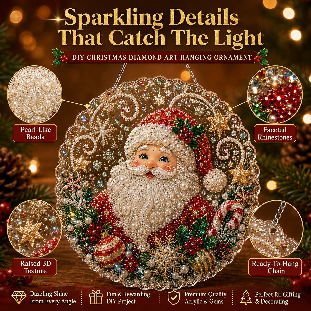 🎄 Kit de plaque décorative suspendue en acrylique « Diamond Art » sur le thème de Noël avec perles nacrées | Panneau résistant aux rayures et à la décoloration avec perles nacrées | Décoration de Noël à réaliser soi-même 🎅💎