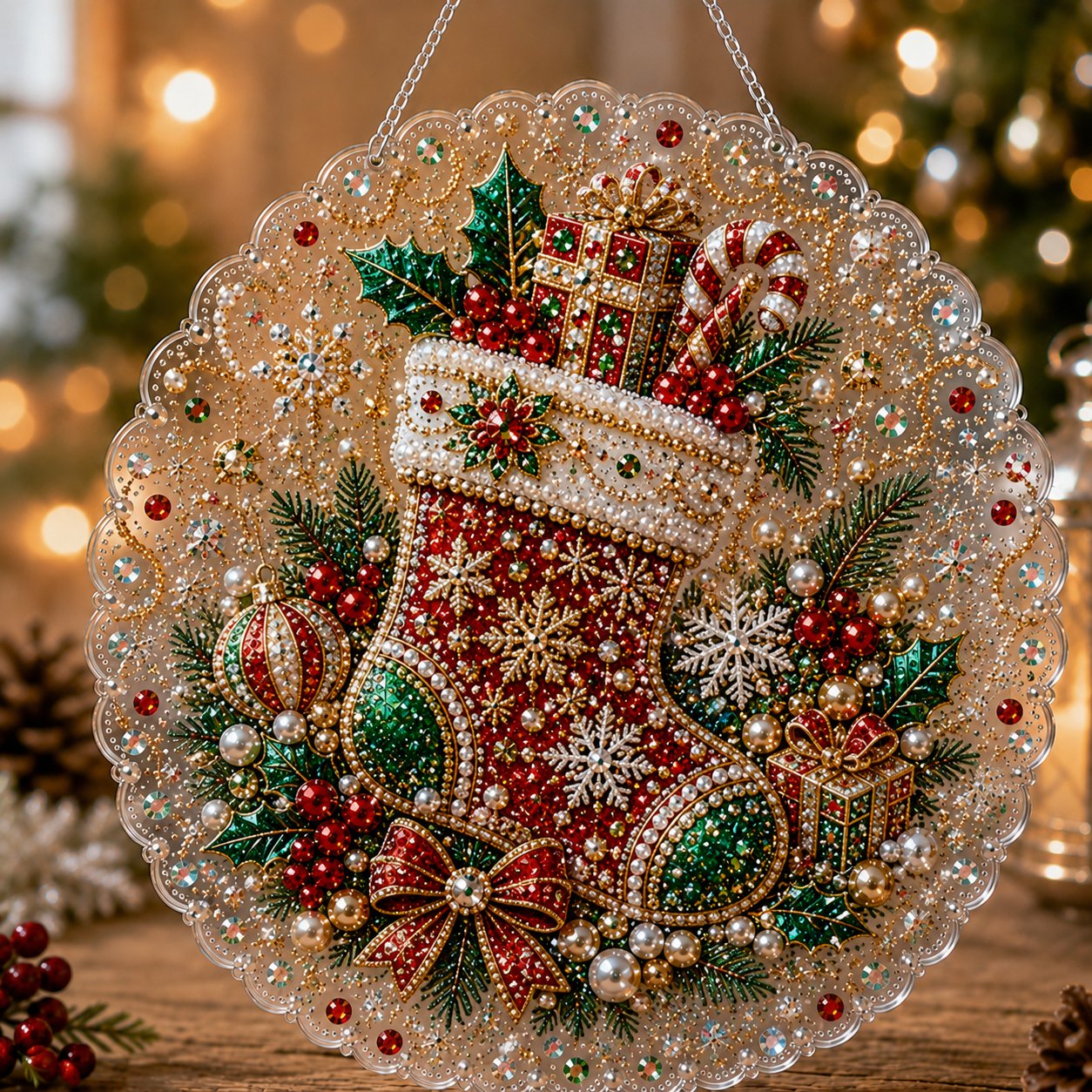 🎄 Kit de plaque décorative suspendue en acrylique « Diamond Art » sur le thème de Noël avec perles nacrées | Panneau résistant aux rayures et à la décoloration avec perles nacrées | Décoration de Noël à réaliser soi-même 🎅💎