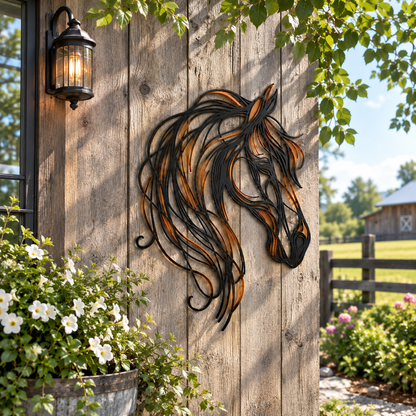 🐴✨ Décoration murale « Tête de cheval » en métal – Une œuvre d'art élégante aux accents chaleureux de bronze et de cuivre