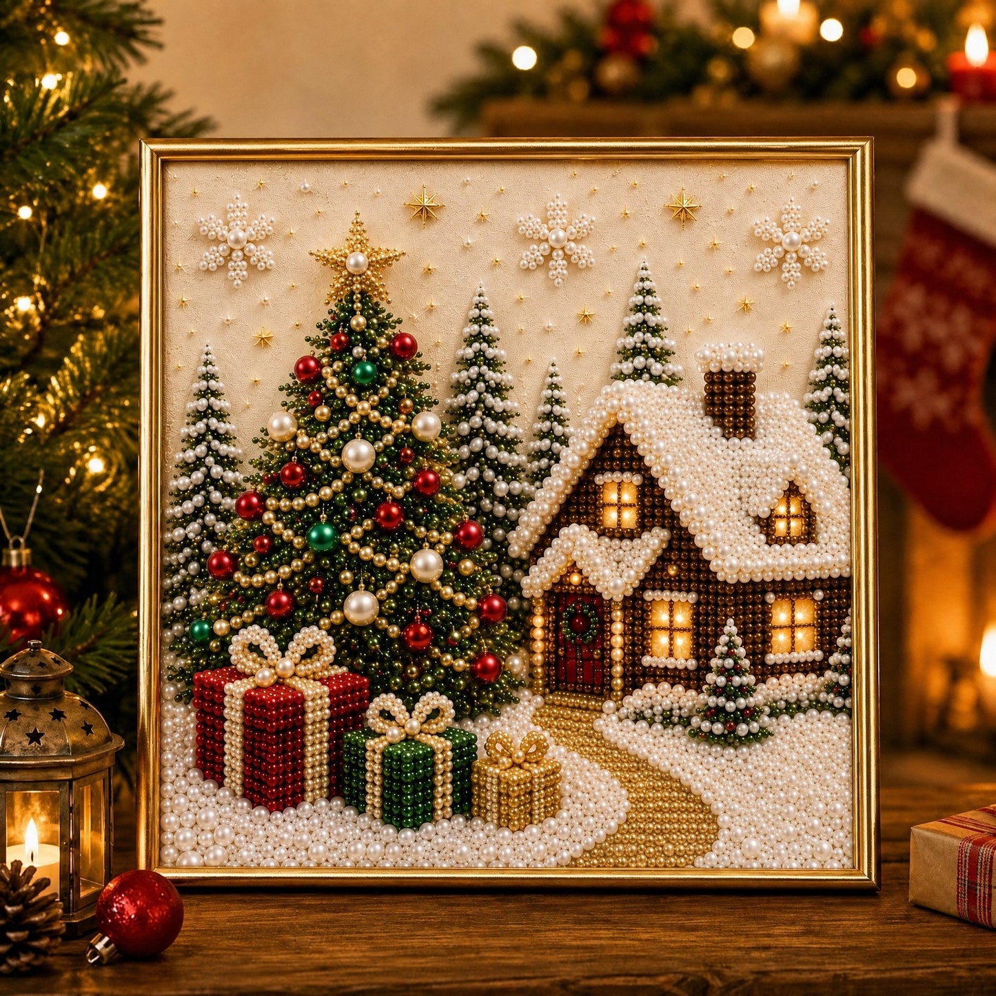 🎄🎅 Kit de décorations murales de Noël 3D haut de gamme avec perles | Toile de luxe recouverte d'une couche de flocons, avec des perles résistantes aux rayures et aux décolorations – Décoration de Noël à réaliser soi-même ⛄️❄️