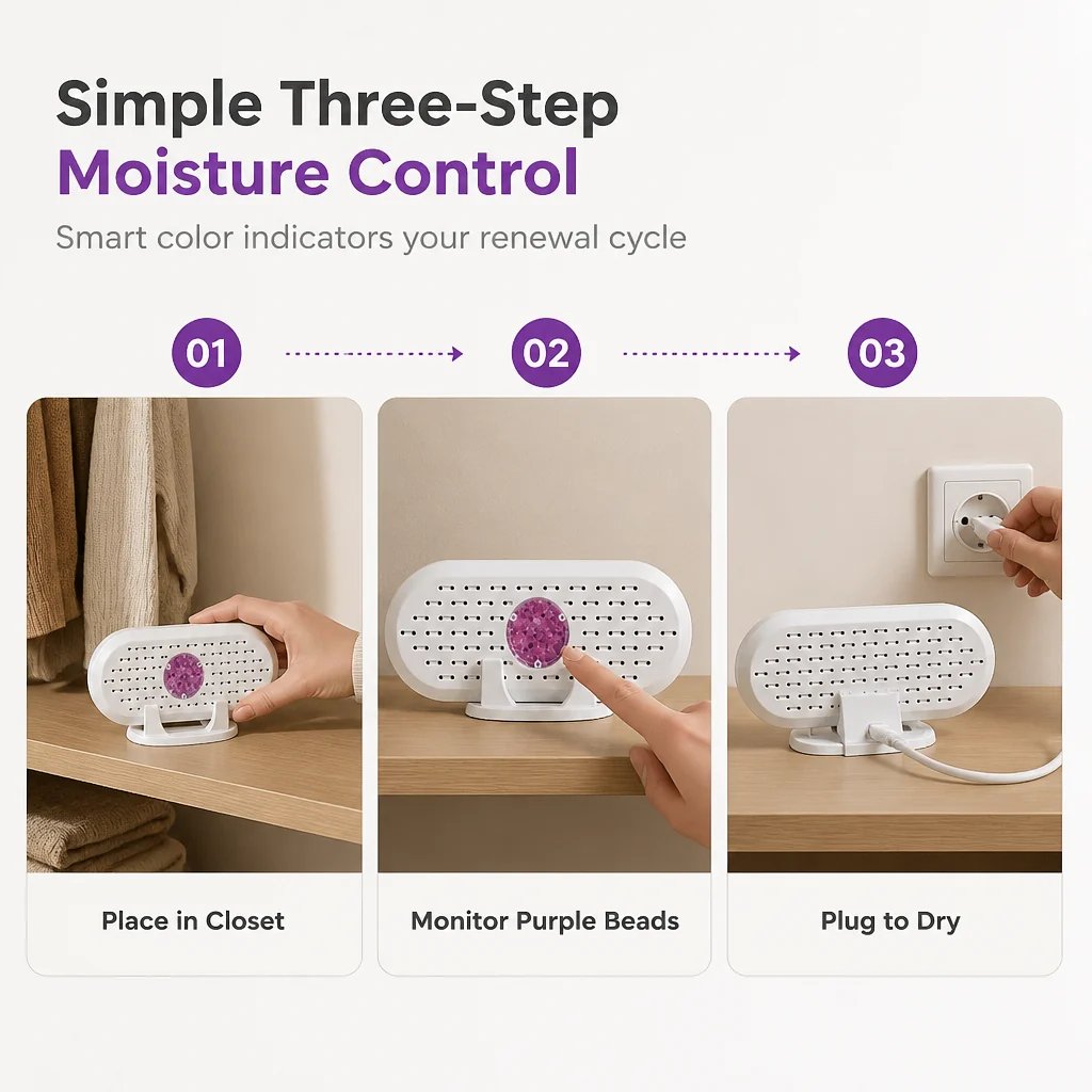 💧👕 Mini-déshumidificateur réutilisable – Pour des armoires et des tiroirs plus frais et plus secs
