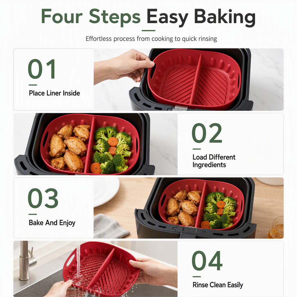 🍳🧁 Feuille en silicone réutilisable à compartiments pour friteuse à air chaud — préparez deux saveurs à la fois
