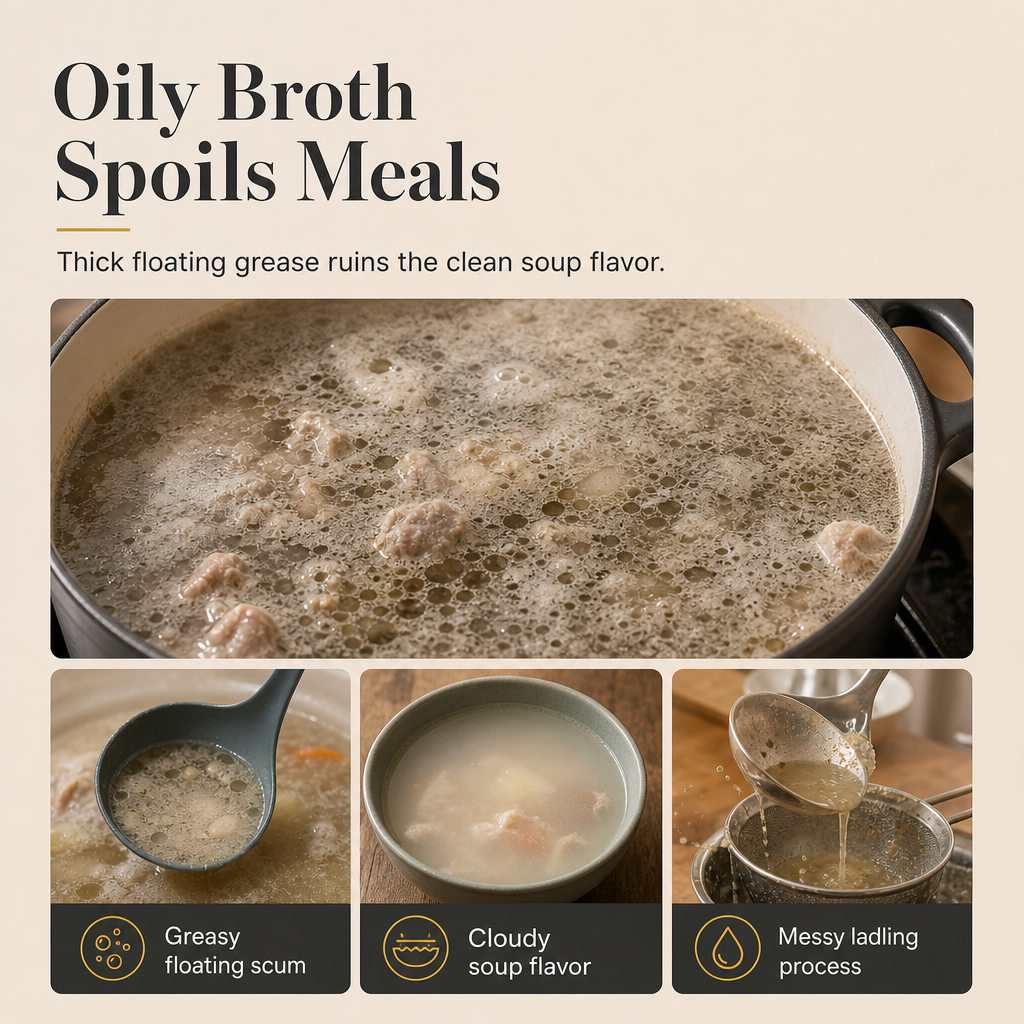 🥣✨ Écumoire en acier inoxydable pour une soupe claire et un bouillon limpide en un seul geste !