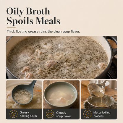 🥣✨ Écumoire en acier inoxydable pour une soupe claire et un bouillon limpide en un seul geste !