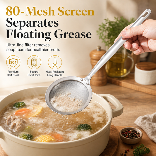🥣✨ Écumoire en acier inoxydable pour une soupe claire et un bouillon limpide en un seul geste !