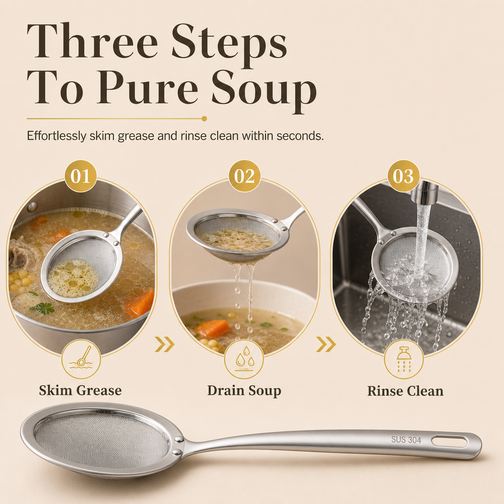🥣✨ Écumoire en acier inoxydable pour une soupe claire et un bouillon limpide en un seul geste !